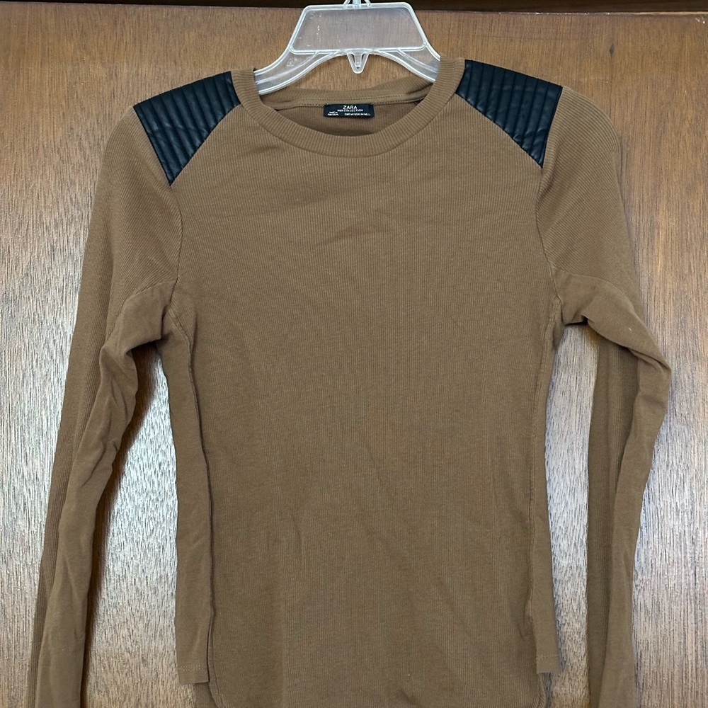 Zara Camel Long Sleeve Top with Black Accents